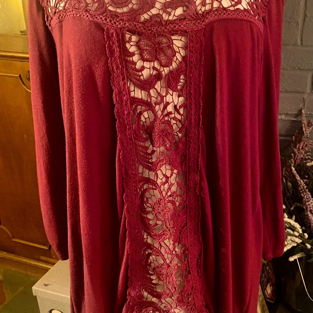 Beautiful Crochet Trim Maurice’s XL Burgundy Blouse